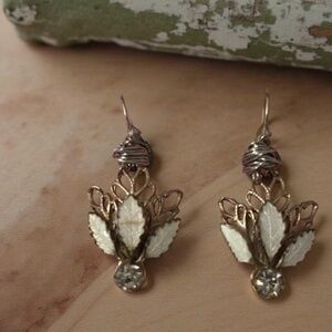 Gold and White Leaf Drop Earrings